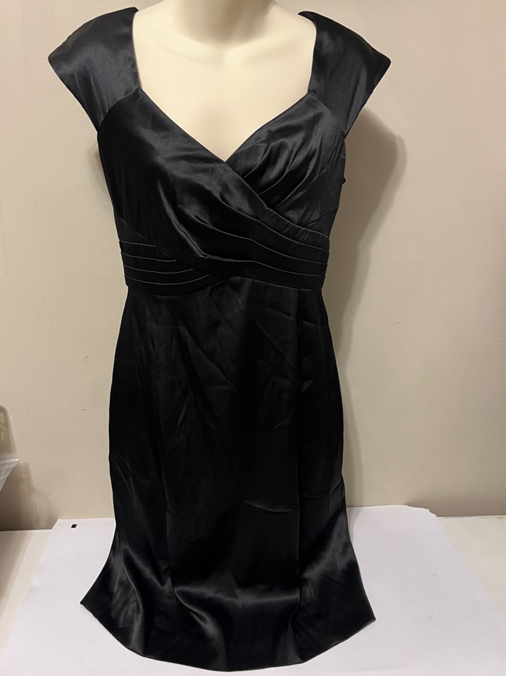 Classic Black Satin Midi Dress with Cap Sleeves